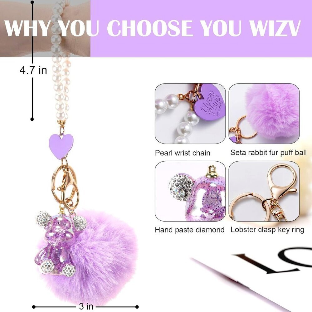 Cute Teddy Bear Keychain Bling Pom Pom Wristlet for Women Gifts - Picture 2 of 7